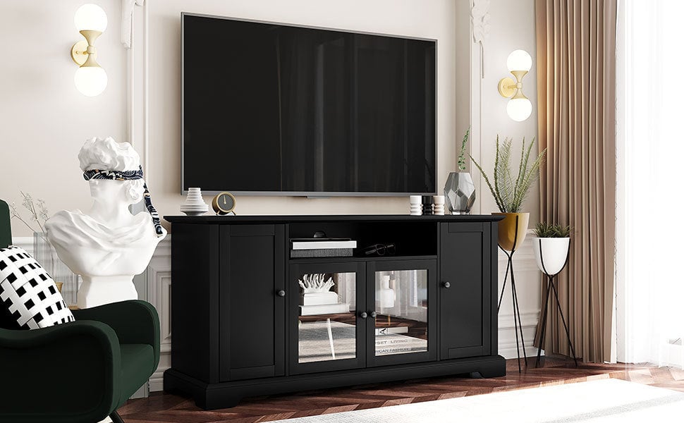 TV Stand for 65 Inch TV with Adjustable Panels and 2 Tempered Glass Doors Open Style Cabinet Sideboard for Living Room Image 3