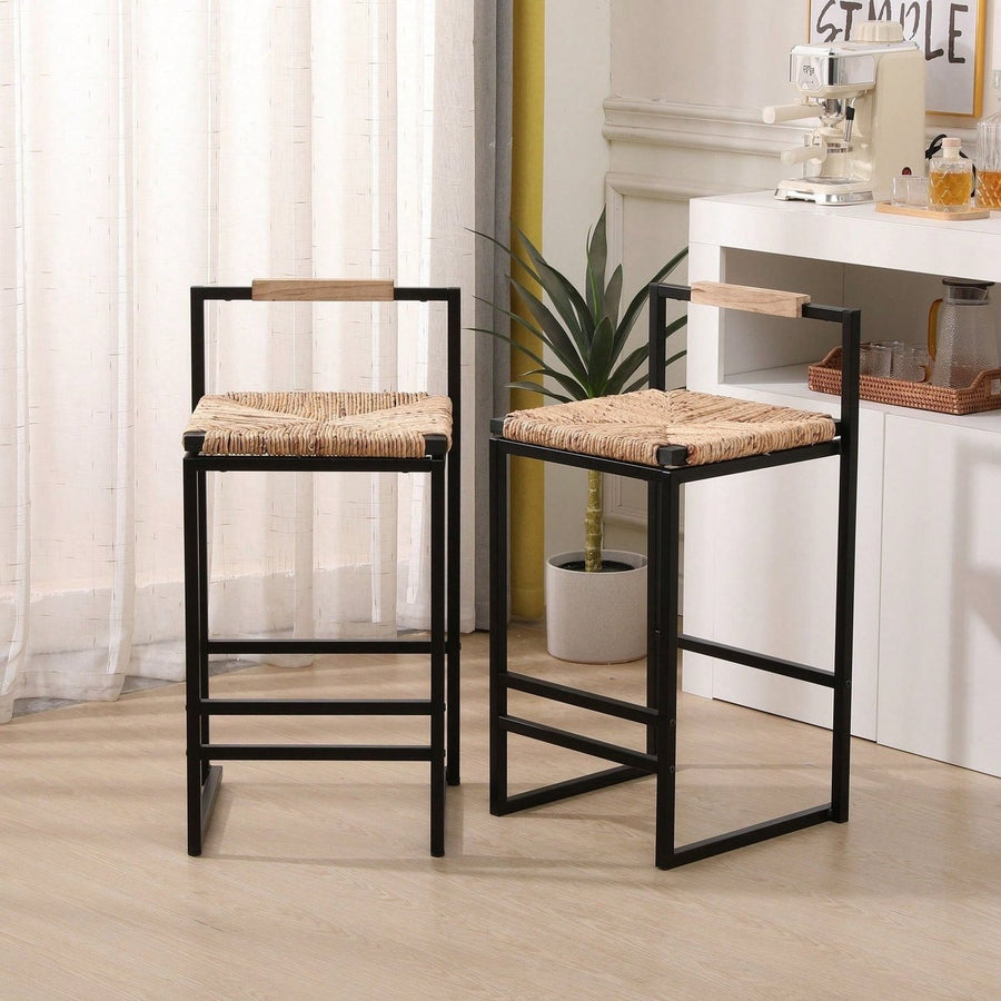 Water Hyacinth Woven Bar Stools With Back Support, Counter Height Dining Chairs For Kitchen, Home, Office Image 1