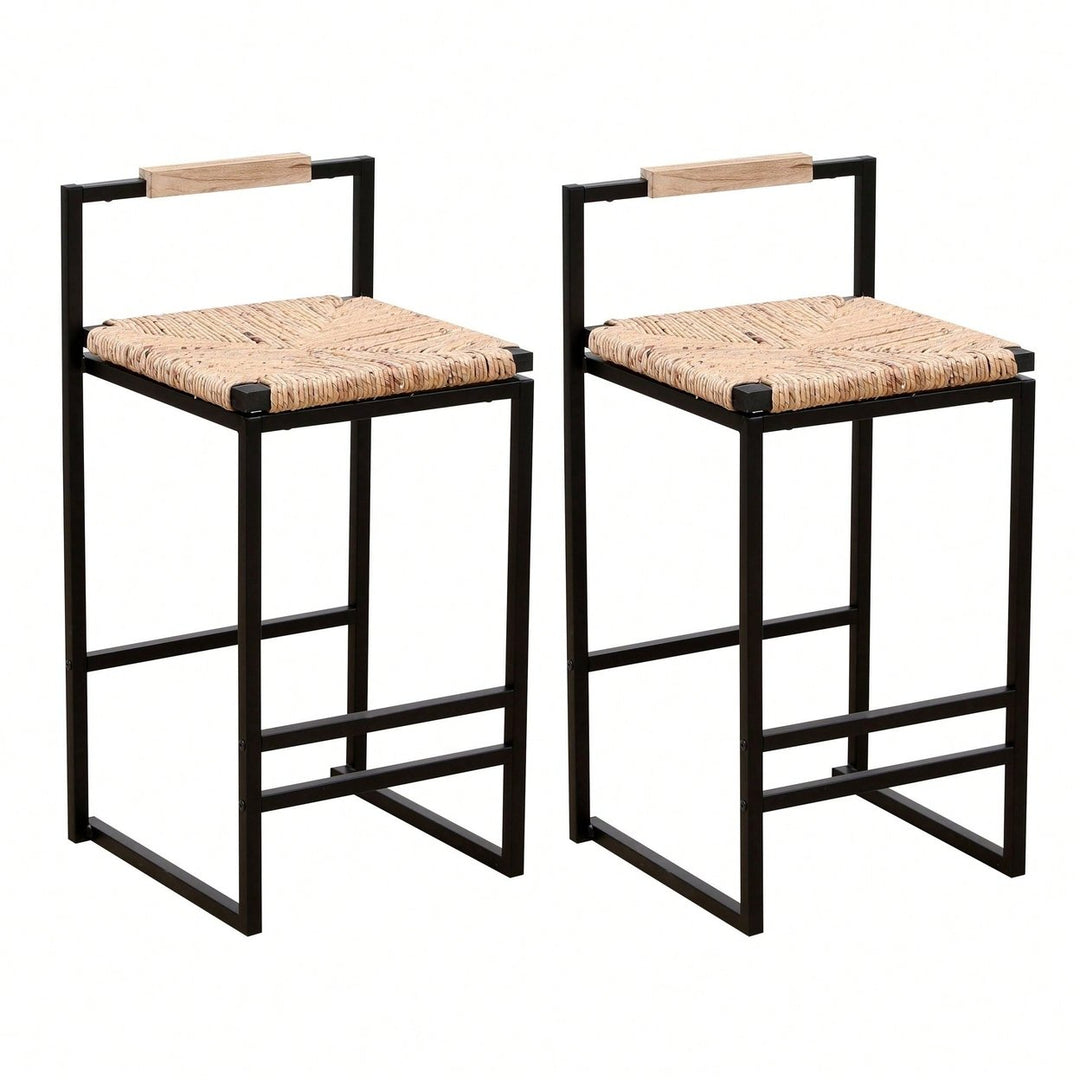 Water Hyacinth Woven Bar Stools With Back Support, Counter Height Dining Chairs For Kitchen, Home, Office Image 3