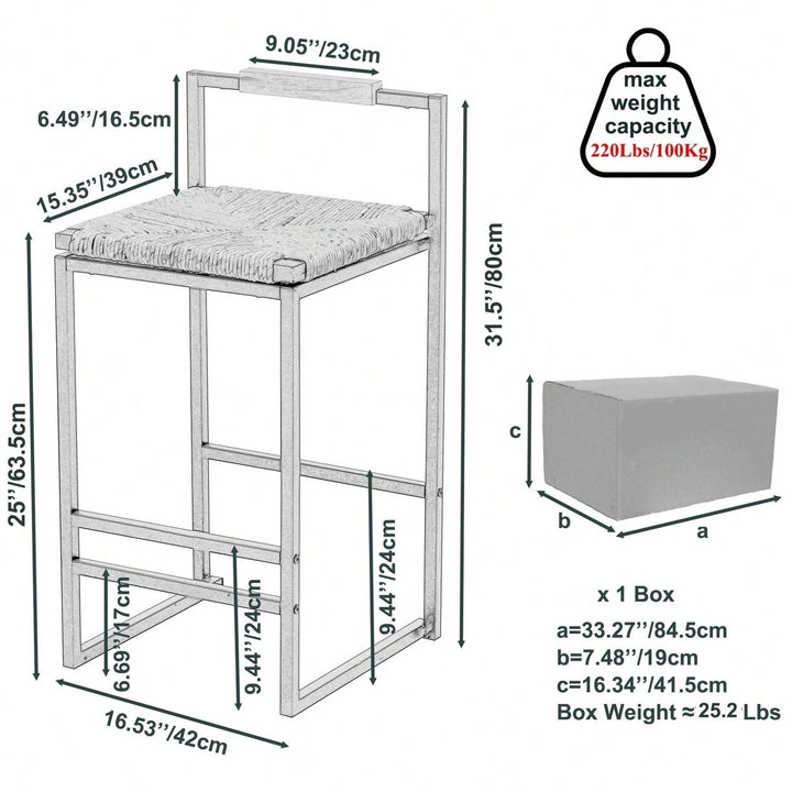 Water Hyacinth Woven Bar Stools With Back Support, Counter Height Dining Chairs For Kitchen, Home, Office Image 4