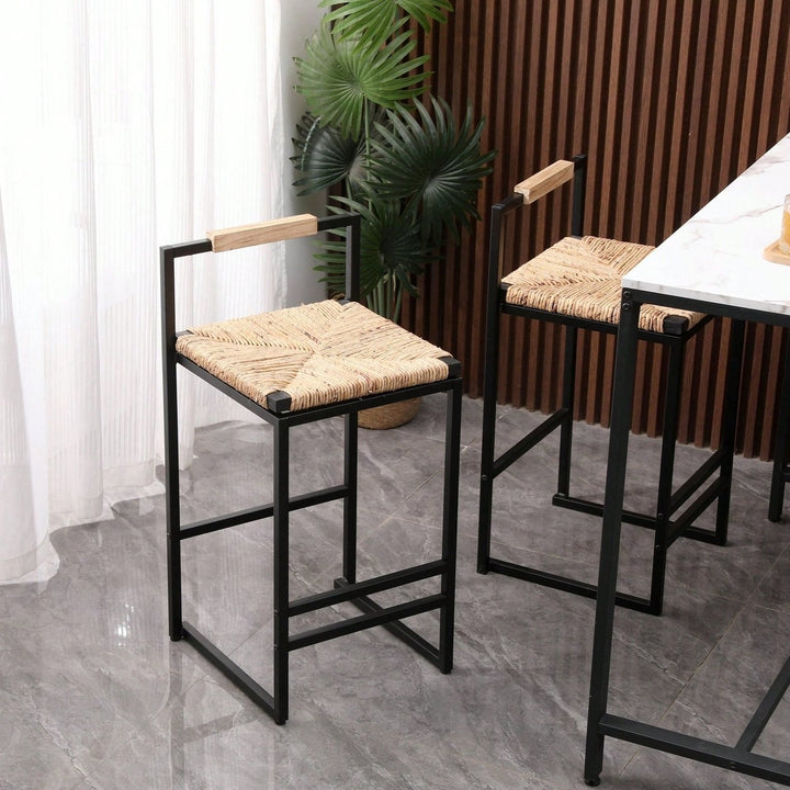 Water Hyacinth Woven Bar Stools With Back Support, Counter Height Dining Chairs For Kitchen, Home, Office Image 5