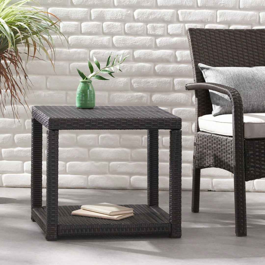 Weather-Resistant Outdoor Accent Table with Storage for Garden Balcony Deck - Multibrown Wicker 21.5x17.75x19.25 Inches Image 5