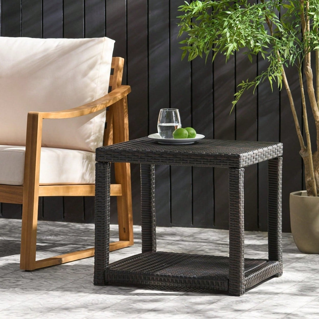 Weather-Resistant Outdoor Accent Table with Storage for Garden Balcony Deck - Multibrown Wicker 21.5x17.75x19.25 Inches Image 7