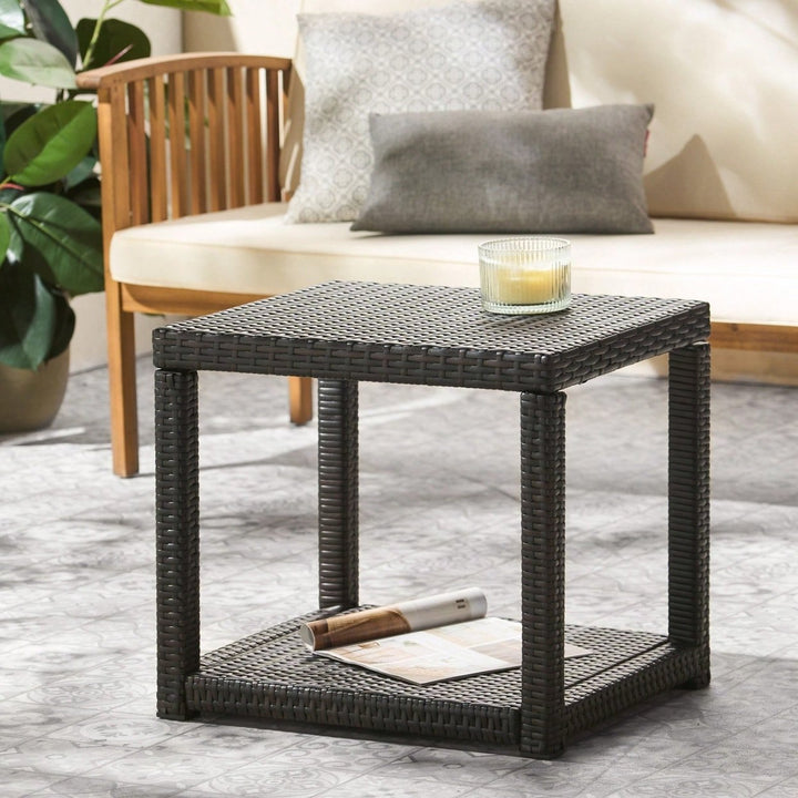 Weather-Resistant Outdoor Accent Table with Storage for Garden Balcony Deck - Multibrown Wicker 21.5x17.75x19.25 Inches Image 8