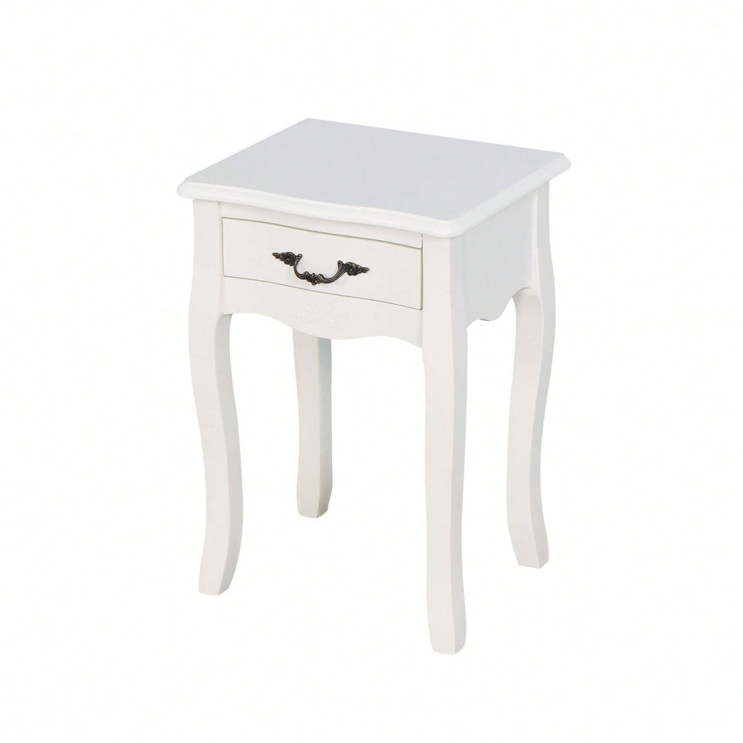 White Floor-Standing Storage Table With Drawer And Curved Legs For Living Room Decor Image 1