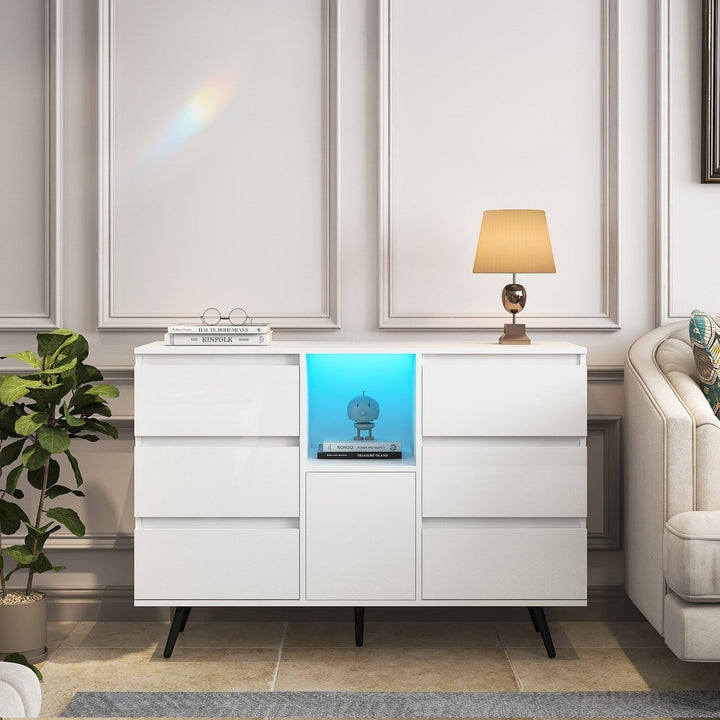 White High Gloss Living Room Sideboard Storage Cabinet with LED Light Modern Kitchen Buffet Wooden Display Unit Image 1