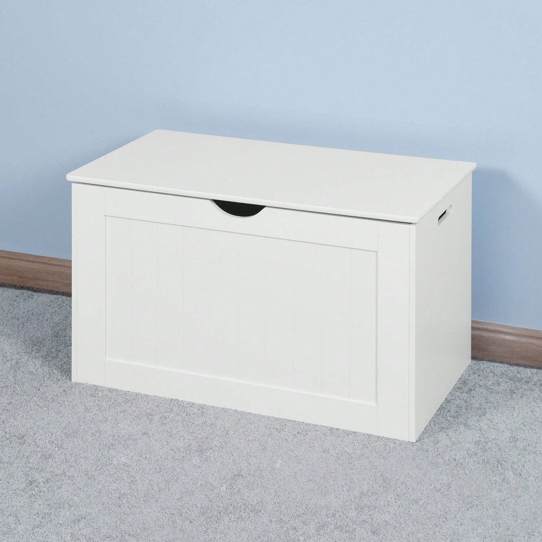 White Lift Top Entryway Storage Cabinet With 2 Safety Hinge, Wooden Toy Box Image 2