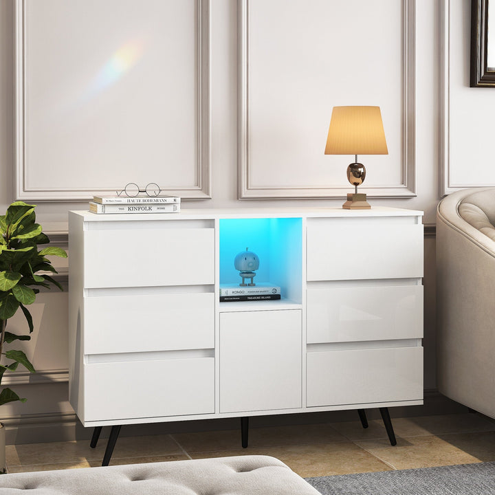 White High Gloss Living Room Sideboard Storage Cabinet with LED Light Modern Kitchen Buffet Wooden Display Unit Image 2