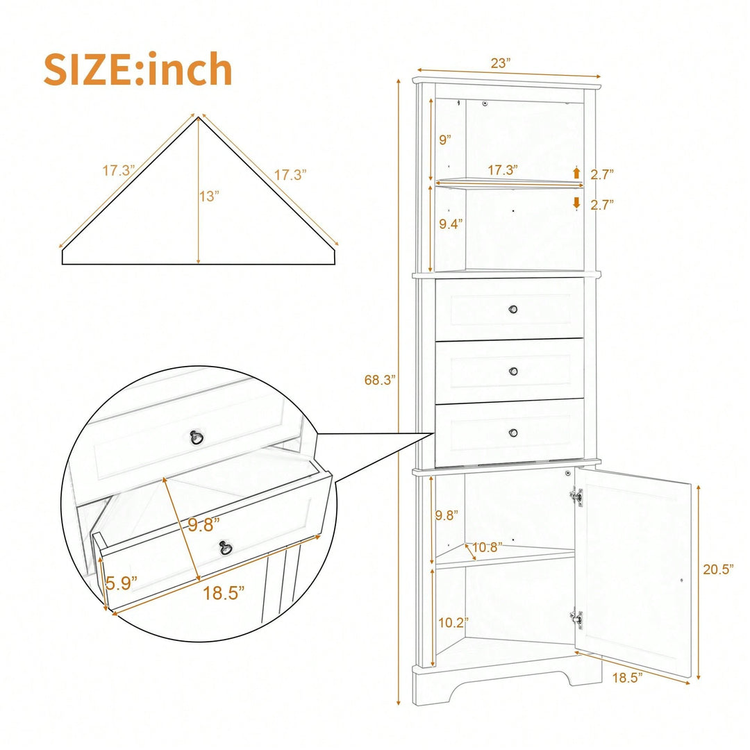 White Triangle Tall Cabinet With 3 Drawers And Adjustable Shelves For Bathroom, Kitchen Or Living Room Image 4