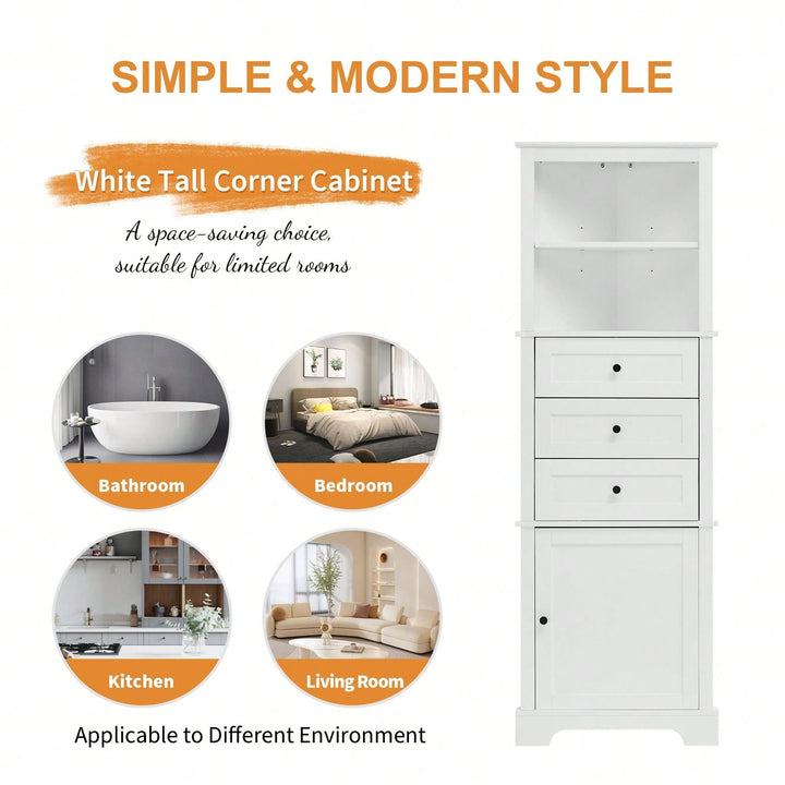 White Triangle Tall Cabinet With 3 Drawers And Adjustable Shelves For Bathroom, Kitchen Or Living Room Image 6