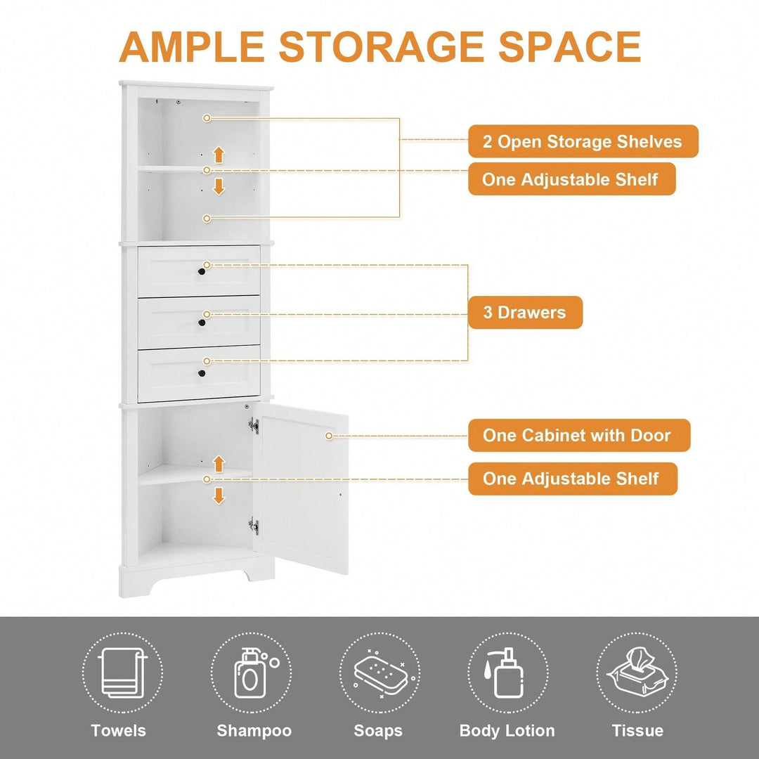 White Triangle Tall Cabinet With 3 Drawers And Adjustable Shelves For Bathroom, Kitchen Or Living Room Image 8