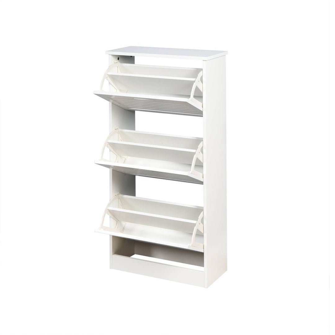 White Wooden Shoe Cabinet for Entryway with 3 Flip Doors Space Saving Storage 20.94x9.45x43.11 Inch Image 2