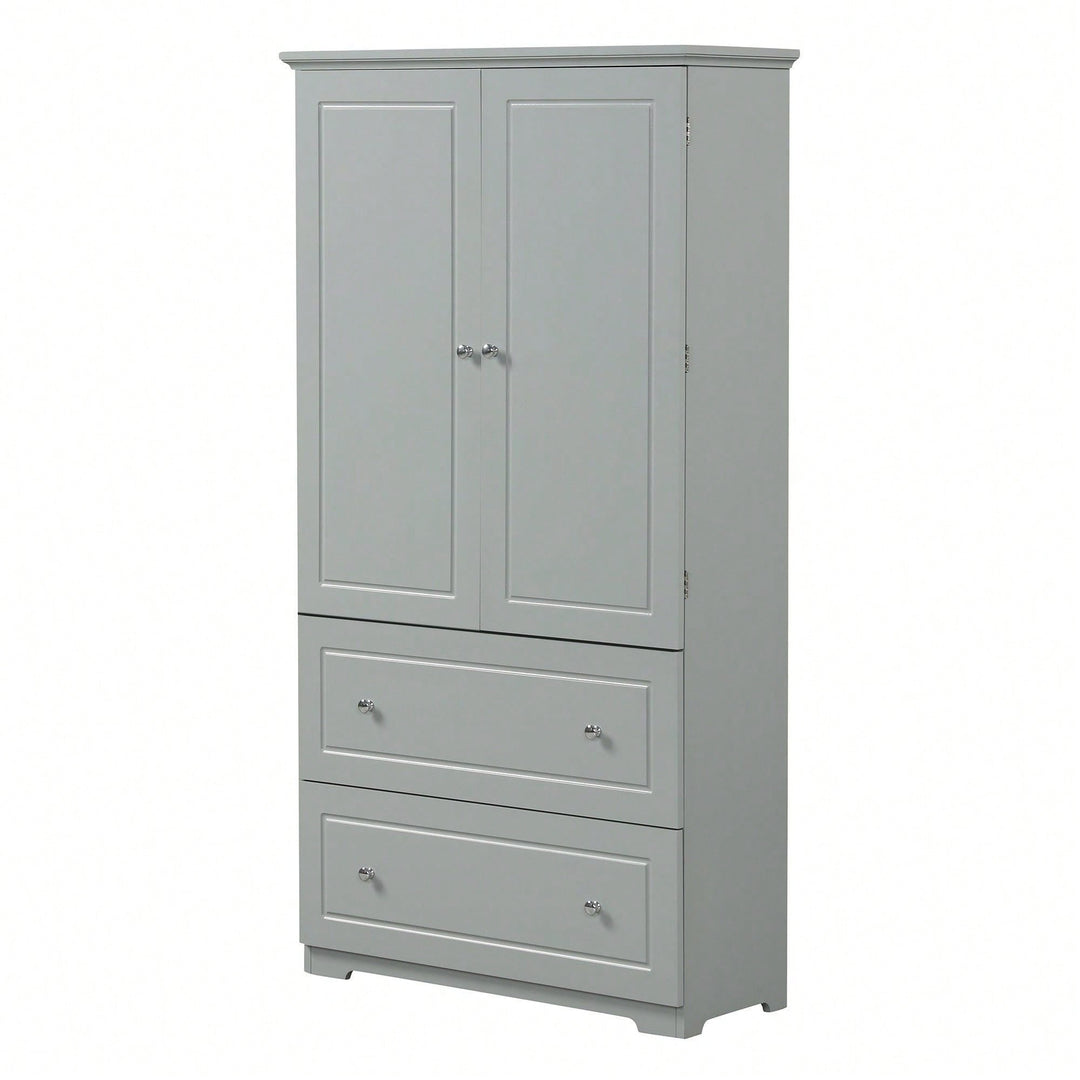 Wide Bathroom Storage Cabinet, Freestanding Storage Cabinet With Two Drawers And Adjustable Shelf, MDF Board With Image 2