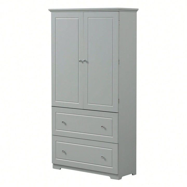 Wide Bathroom Storage Cabinet, Freestanding Storage Cabinet With Two Drawers And Adjustable Shelf, MDF Board With Image 2