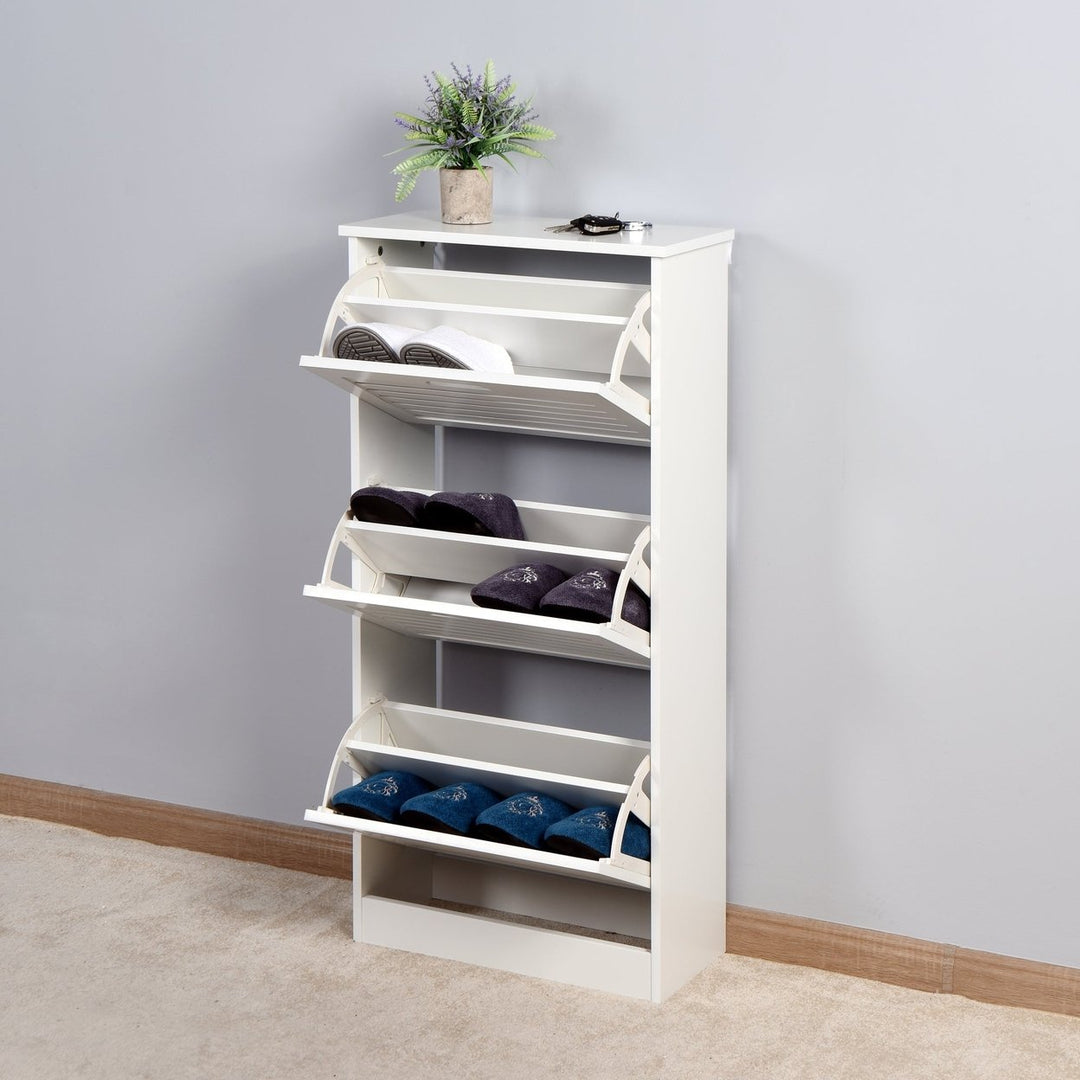 White Wooden Shoe Cabinet for Entryway with 3 Flip Doors Space Saving Storage 20.94x9.45x43.11 Inch Image 11