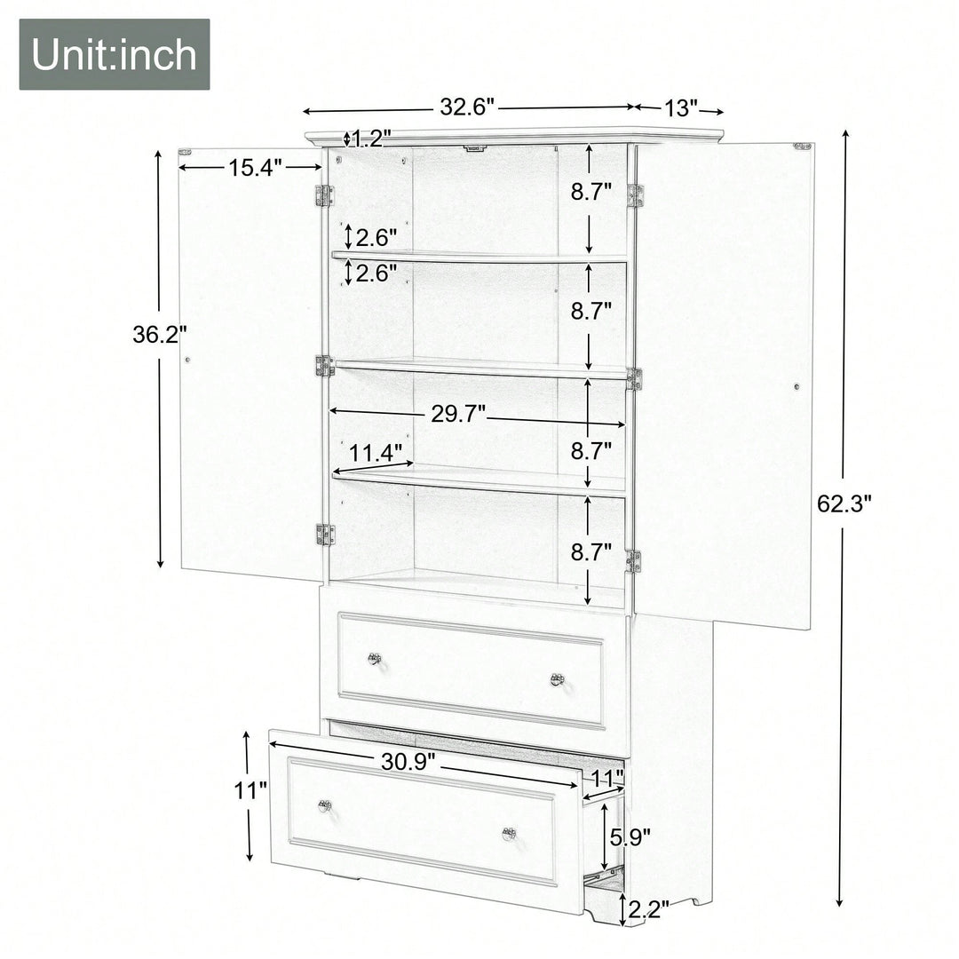 Wide Bathroom Storage Cabinet, Freestanding Storage Cabinet With Two Drawers And Adjustable Shelf, MDF Board With Image 5