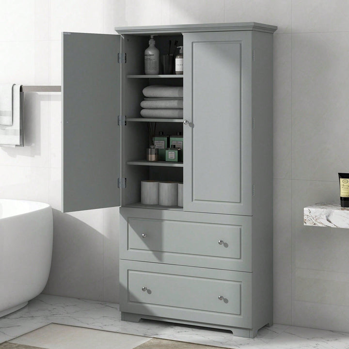 Wide Bathroom Storage Cabinet, Freestanding Storage Cabinet With Two Drawers And Adjustable Shelf, MDF Board With Image 7