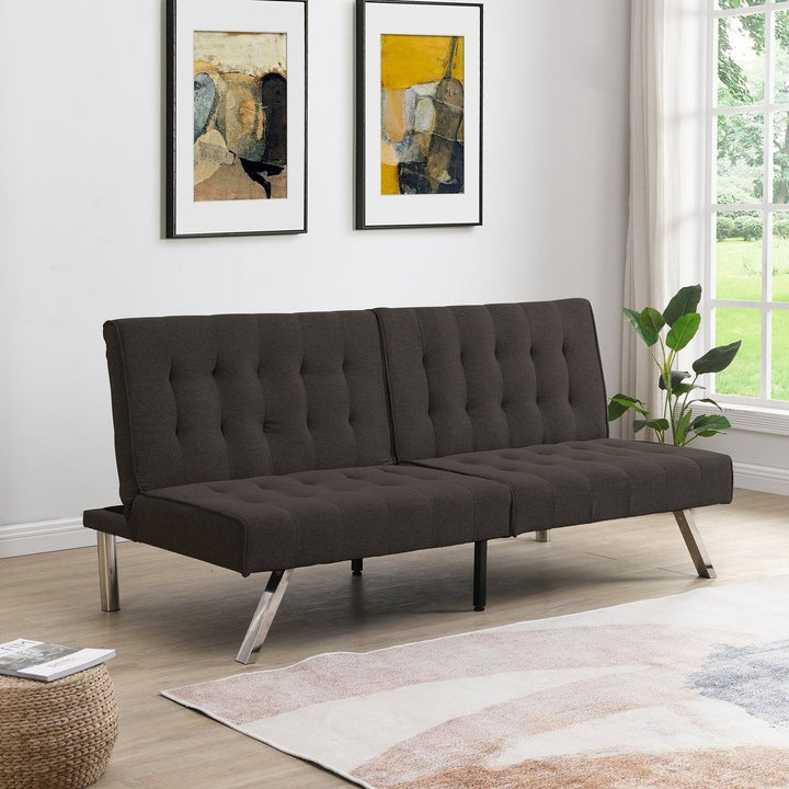 Wood Frame Futon Sofa Bed with Stainless Steel Legs Espresso Finish Image 1