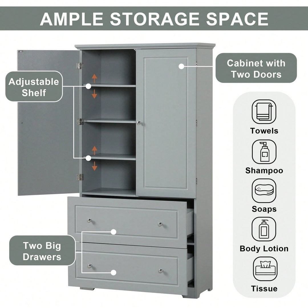 Wide Bathroom Storage Cabinet, Freestanding Storage Cabinet With Two Drawers And Adjustable Shelf, MDF Board With Image 10