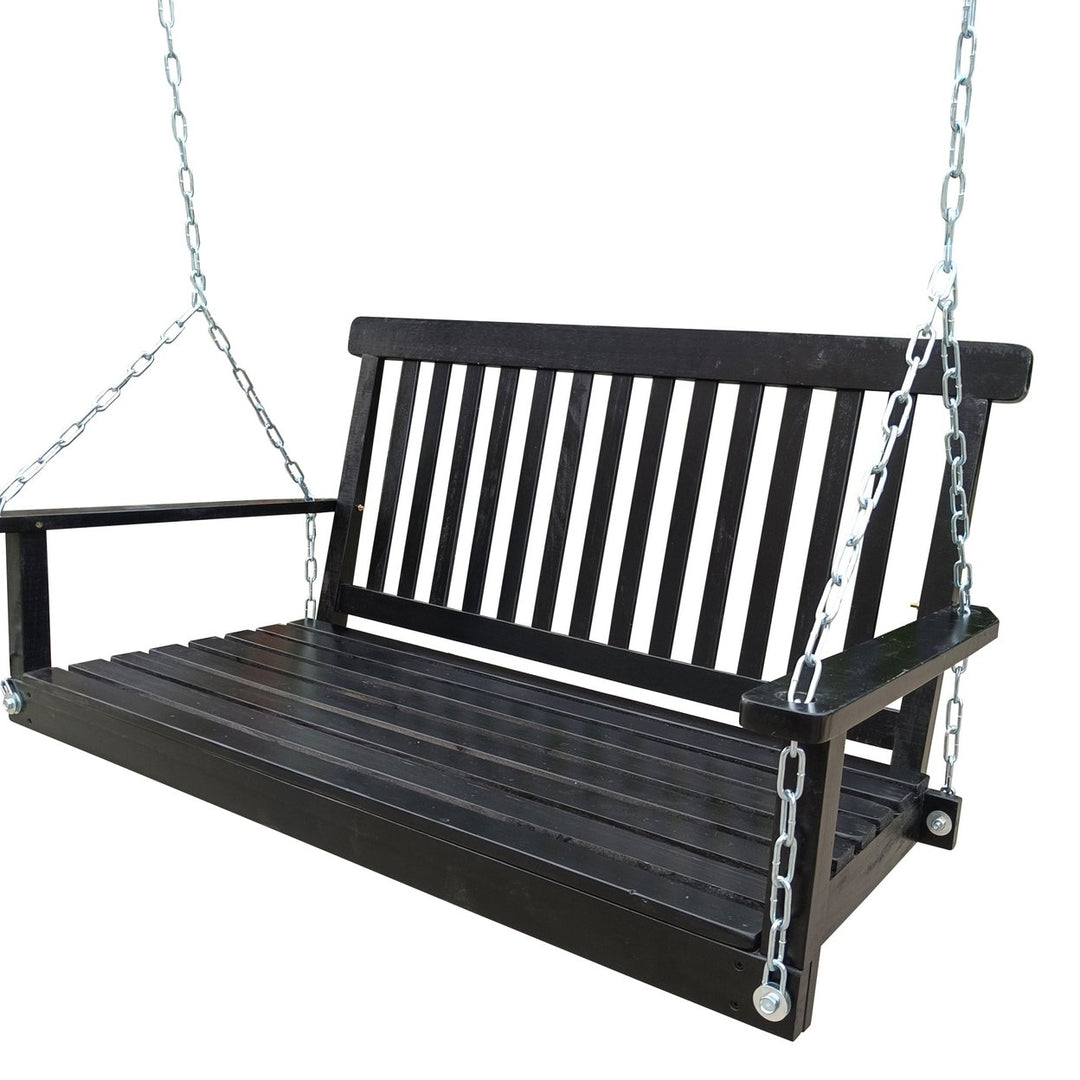 Wood Front Porch Swing with Armrests and Hanging Chains - Outdoor Bench for Patio, Garden, Backyard, Sunroom - Easy to Image 2