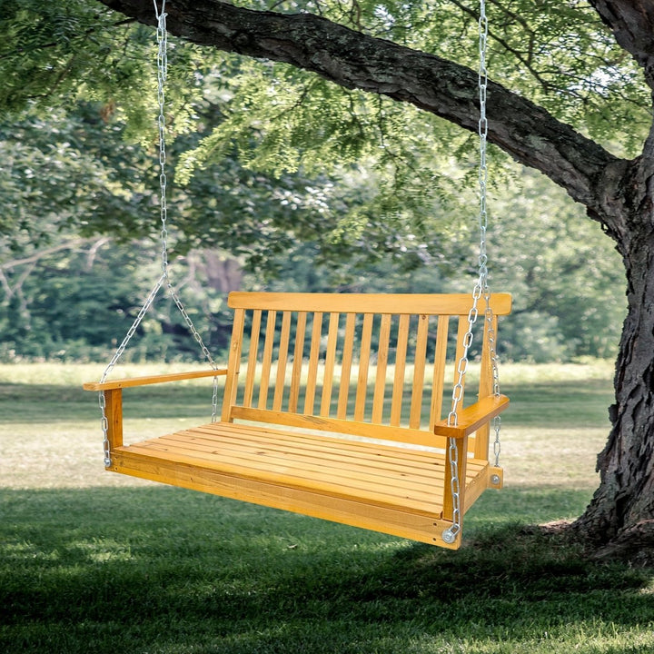 Wood Porch Swing with Armrests and Hanging Chains - Comfortable Outdoor Bench for Patio, Garden, Backyard, or Sunroom Image 1