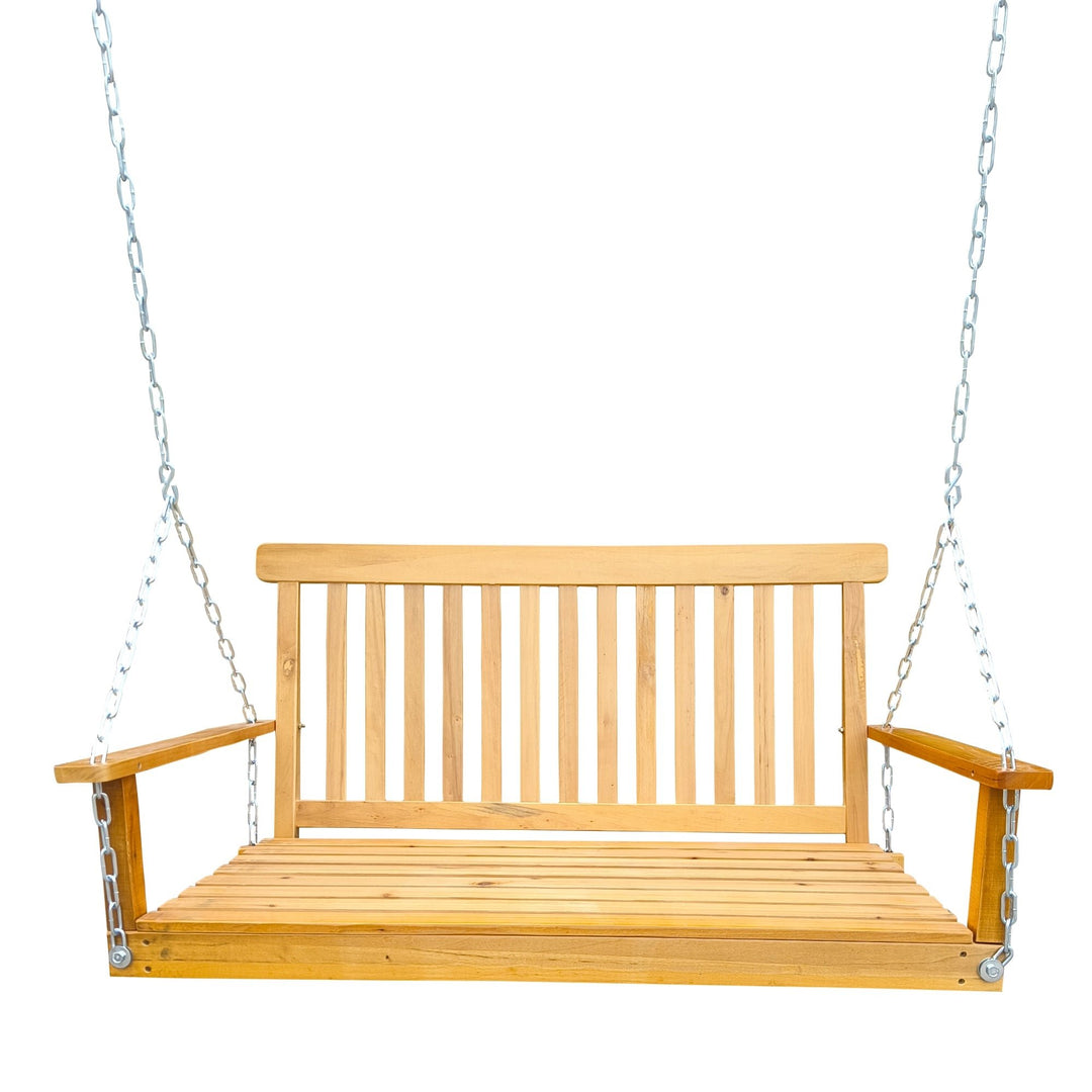 Wood Porch Swing with Armrests and Hanging Chains - Comfortable Outdoor Bench for Patio, Garden, Backyard, or Sunroom Image 2