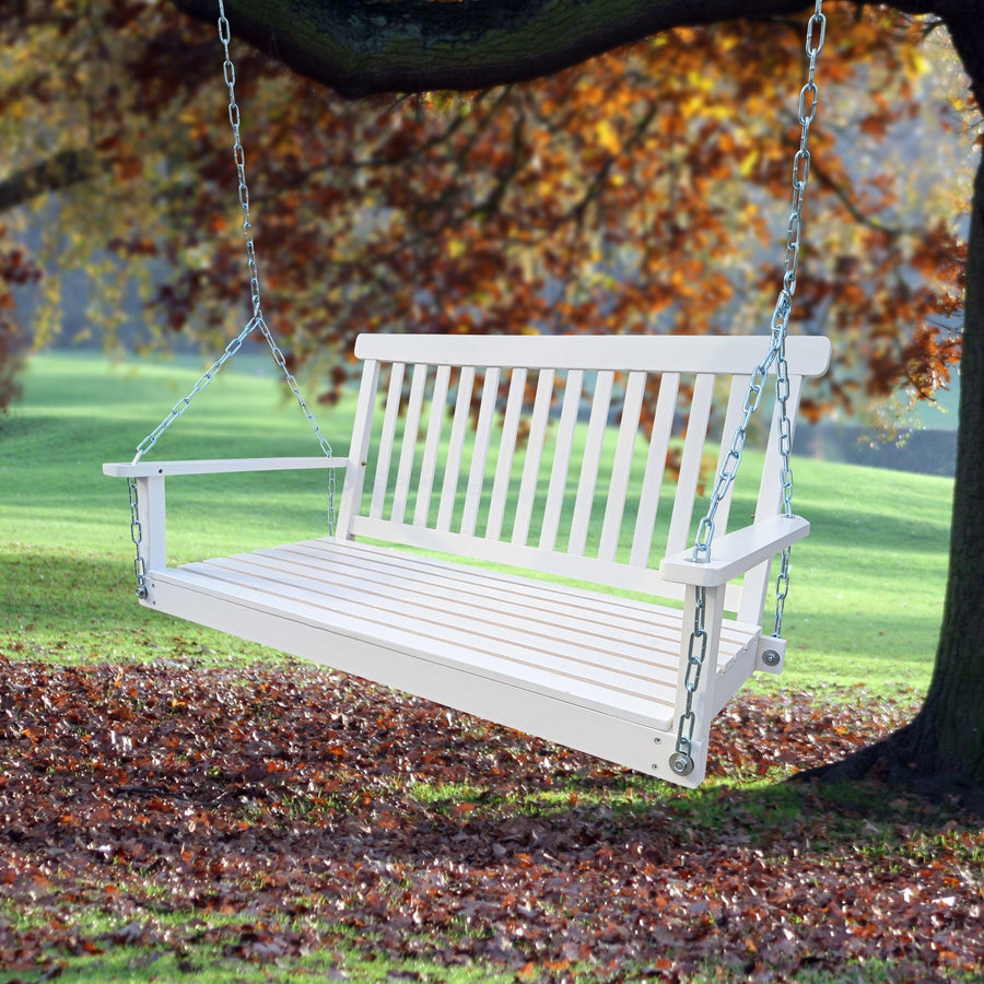 Wood Porch Swing with Armrests and Hanging Chains - Comfortable Outdoor Bench for Patio, Garden, Yard, or Sunroom, White Image 1