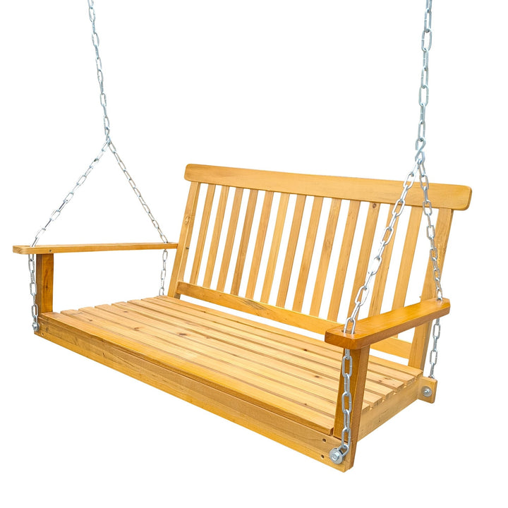 Wood Porch Swing with Armrests and Hanging Chains - Comfortable Outdoor Bench for Patio, Garden, Backyard, or Sunroom Image 3