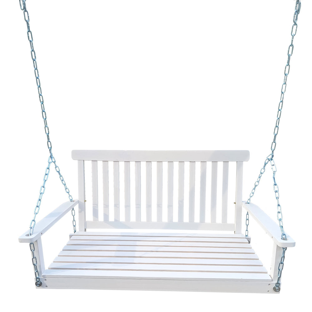 Wood Porch Swing with Armrests and Hanging Chains - Comfortable Outdoor Bench for Patio, Garden, Yard, or Sunroom, White Image 2