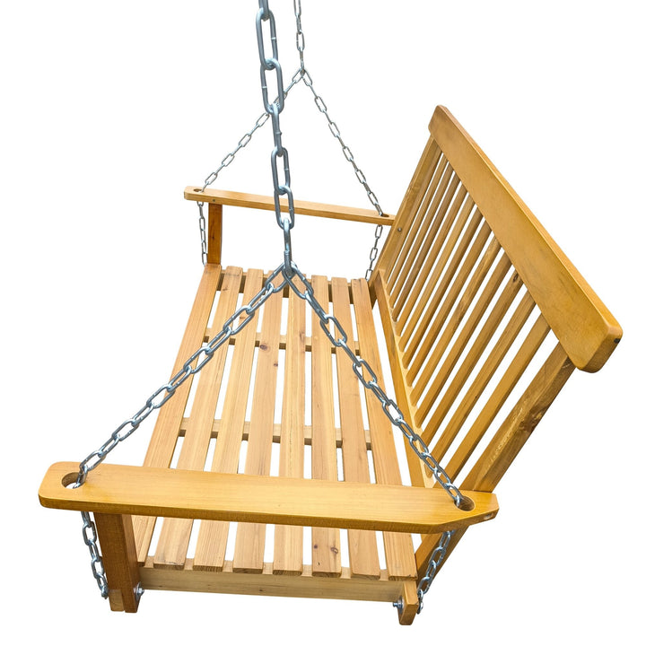 Wood Porch Swing with Armrests and Hanging Chains - Comfortable Outdoor Bench for Patio, Garden, Backyard, or Sunroom Image 4