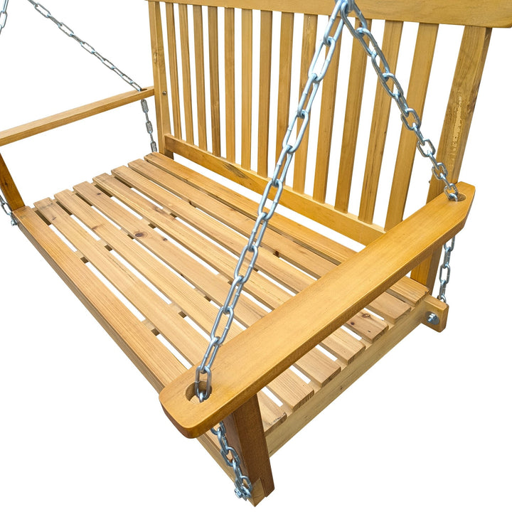 Wood Porch Swing with Armrests and Hanging Chains - Comfortable Outdoor Bench for Patio, Garden, Backyard, or Sunroom Image 5