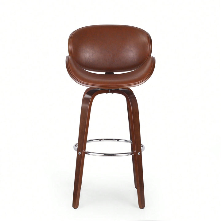 30 Inch Mid-Century Modern Upholstered Swivel Barstool In Walnut And Cognac Finish Image 1