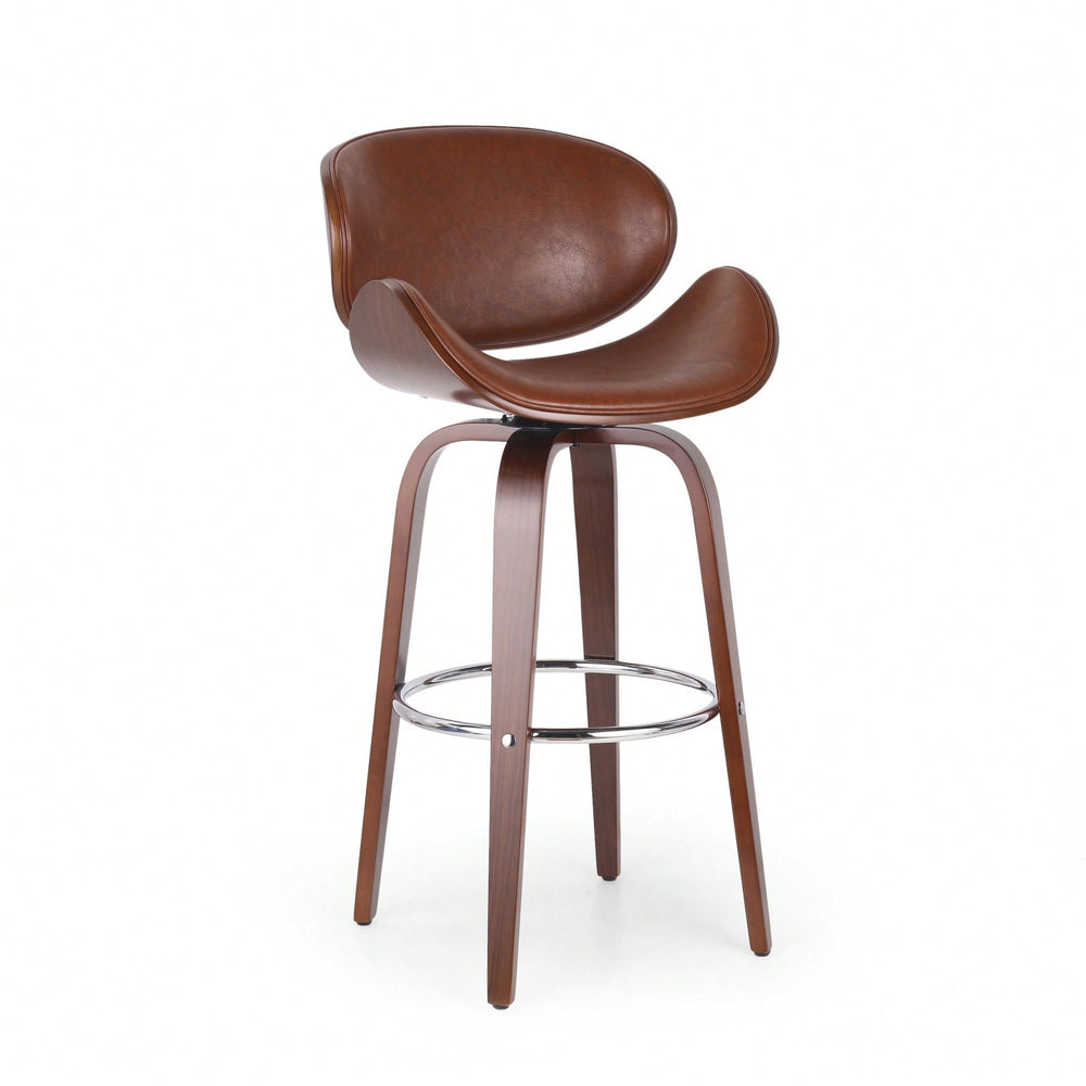 30 Inch Mid-Century Modern Upholstered Swivel Barstool In Walnut And Cognac Finish Image 2