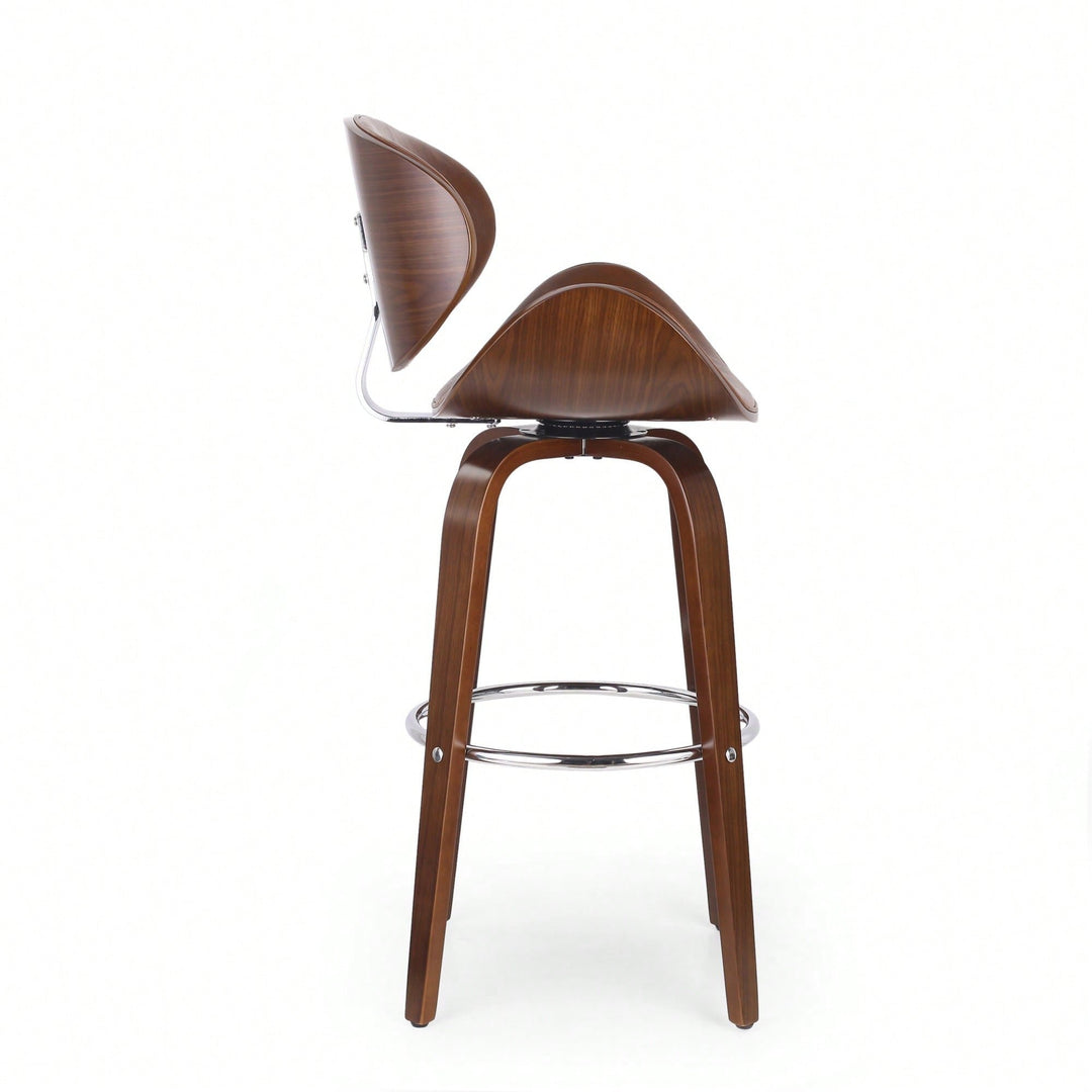 30 Inch Mid-Century Modern Upholstered Swivel Barstool In Walnut And Cognac Finish Image 3