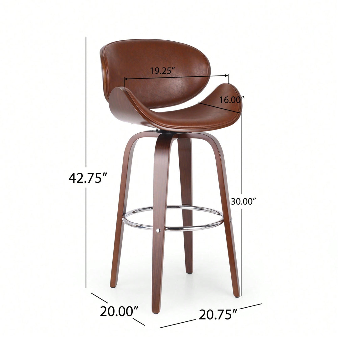 30 Inch Mid-Century Modern Upholstered Swivel Barstool In Walnut And Cognac Finish Image 7