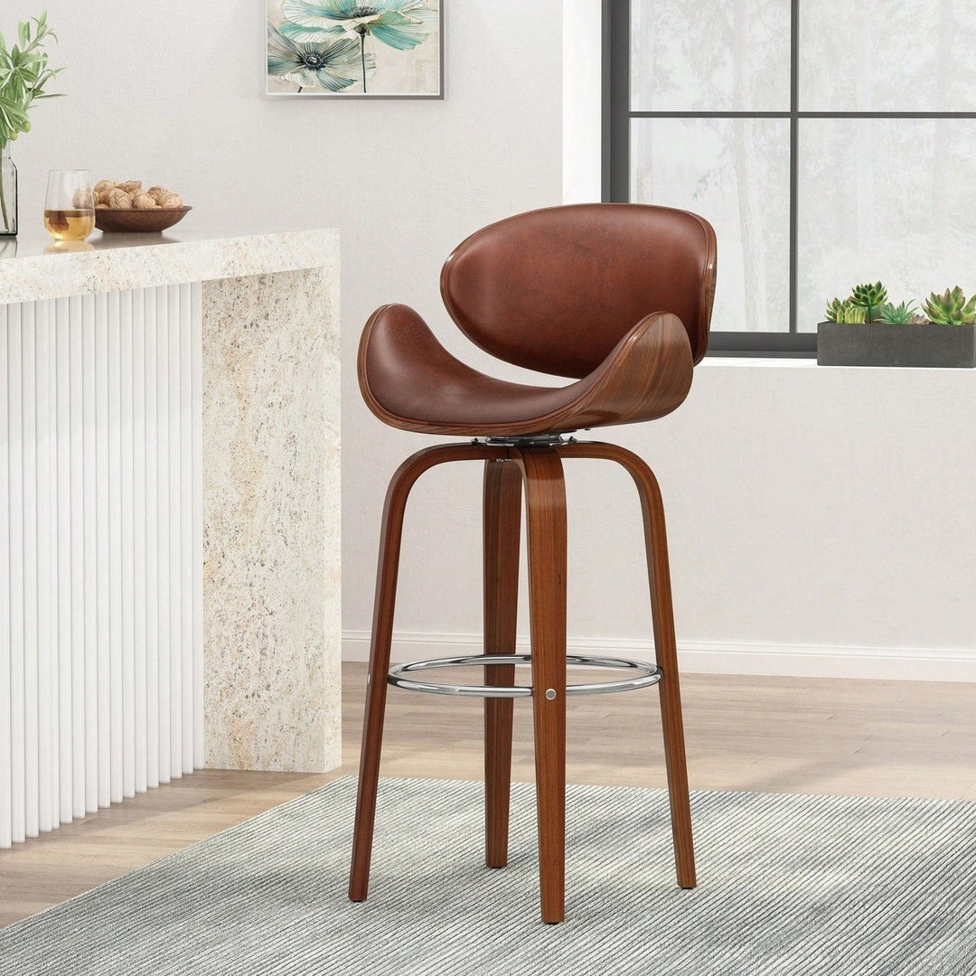 30 Inch Mid-Century Modern Upholstered Swivel Barstool In Walnut And Cognac Finish Image 10