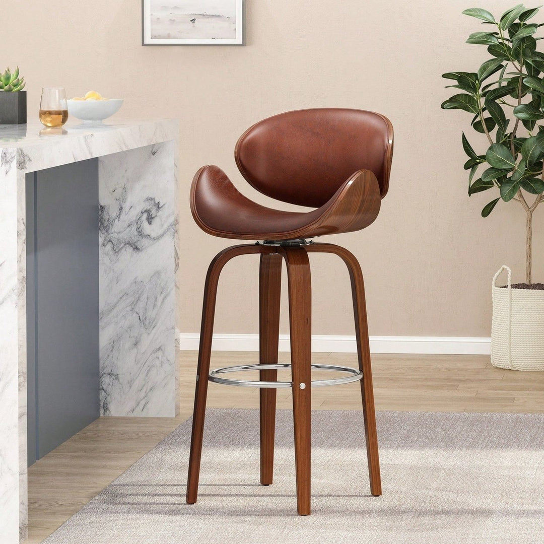 30 Inch Mid-Century Modern Upholstered Swivel Barstool In Walnut And Cognac Finish Image 11