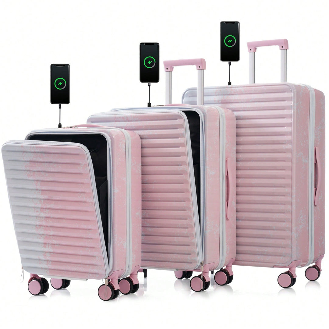 3 Piece Hard Shell Luggage Set With Front Pocket, 20 24 Inch Carry-On Bags, TSA Lock, USB Port, Universal Wheels, Image 1