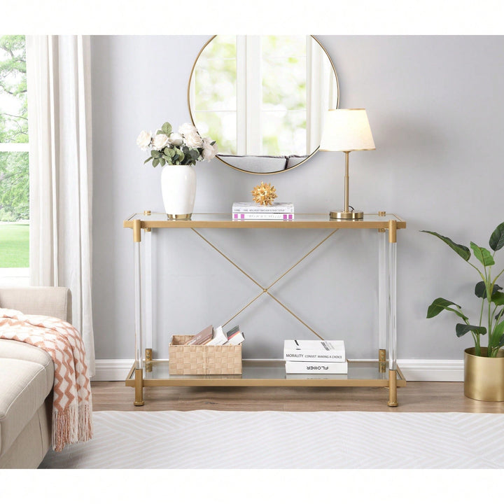 Elegant 43.31 Inch Golden Glass Console Table For Living Room And Bedroom - Stylish Acrylic Side Table Image 6