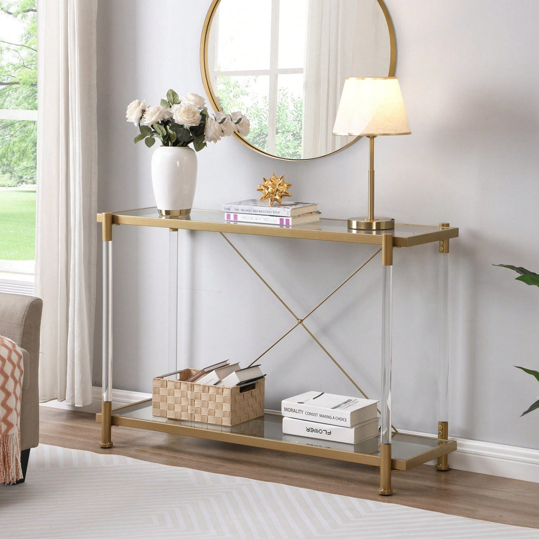 Elegant 43.31 Inch Golden Glass Console Table For Living Room And Bedroom - Stylish Acrylic Side Table Image 7