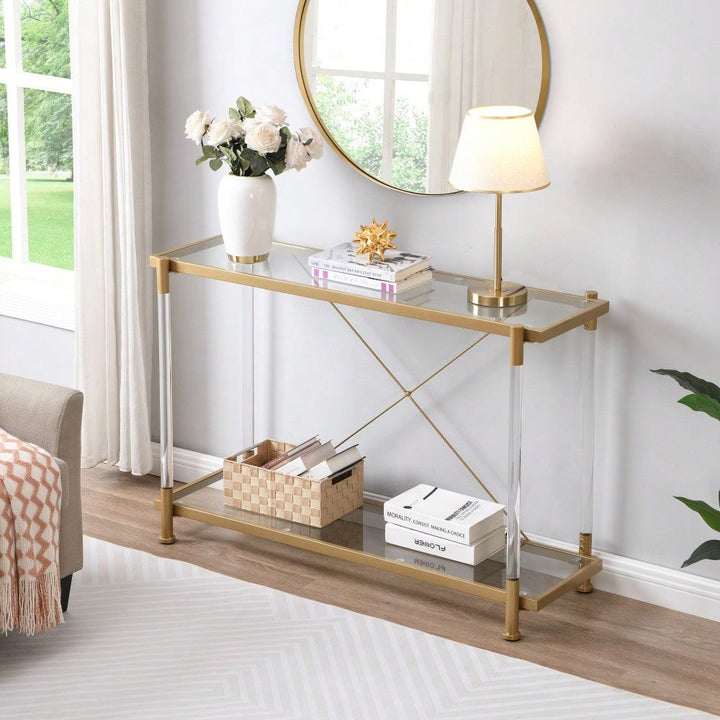 Elegant 43.31 Inch Golden Glass Console Table For Living Room And Bedroom - Stylish Acrylic Side Table Image 8