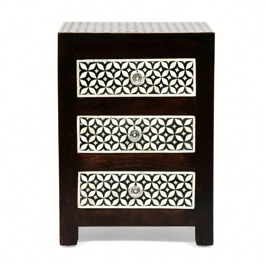 Elegant Wooden Nightstand With 3 Drawers And Bone Inlay Design Image 1