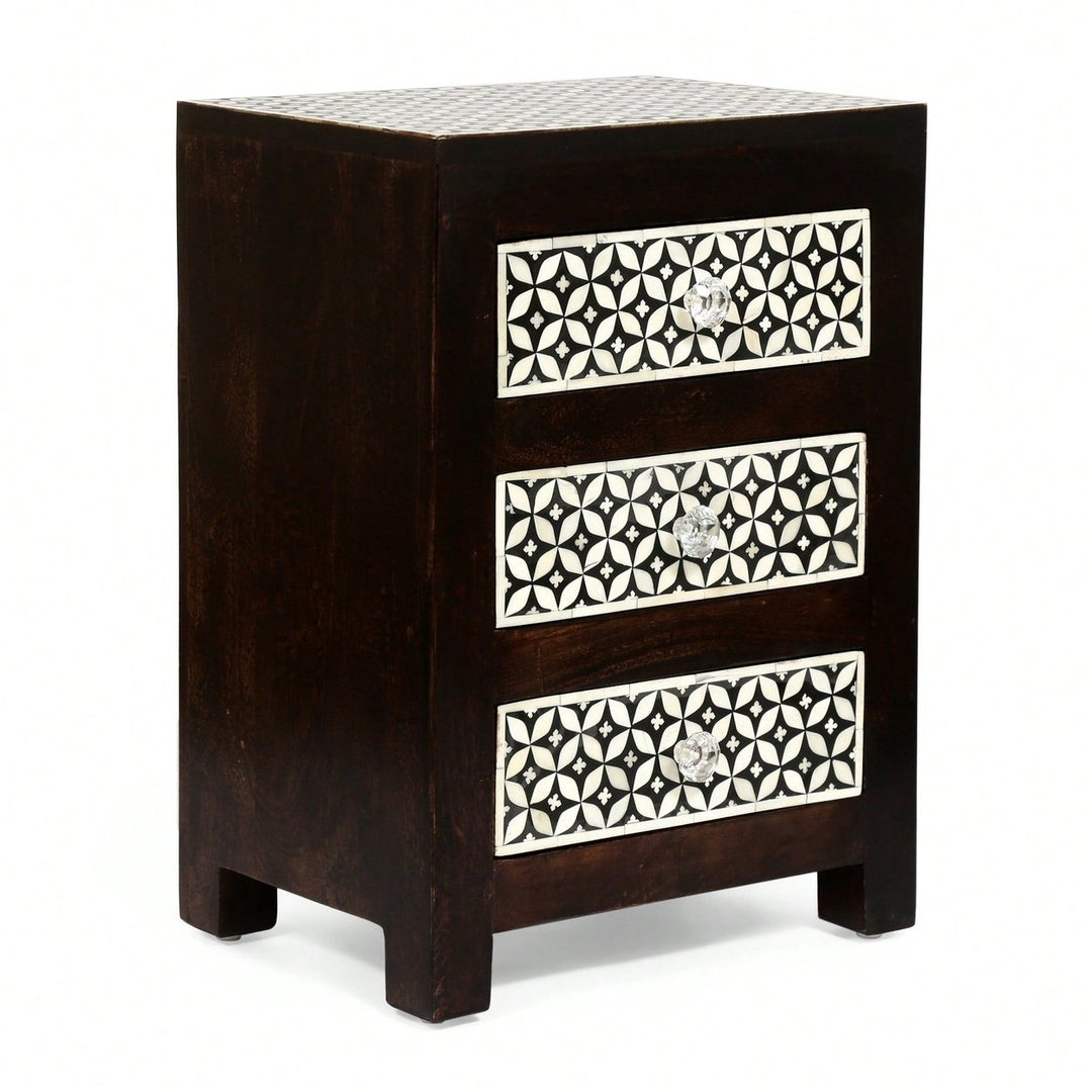 Elegant Wooden Nightstand With 3 Drawers And Bone Inlay Design Image 2