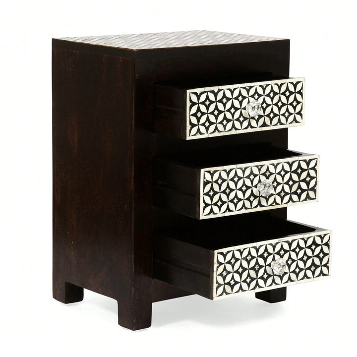 Elegant Wooden Nightstand With 3 Drawers And Bone Inlay Design Image 3