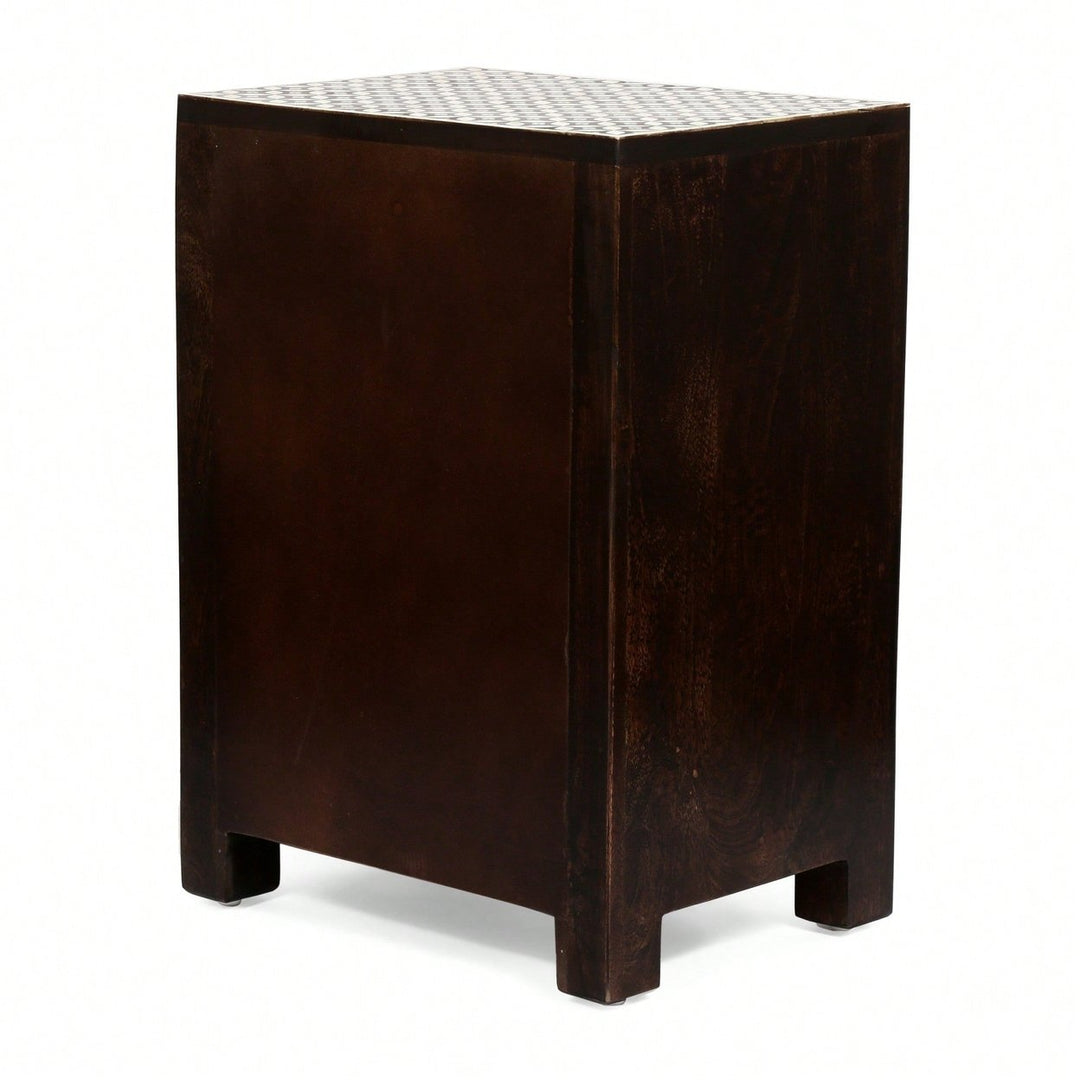 Elegant Wooden Nightstand With 3 Drawers And Bone Inlay Design Image 5