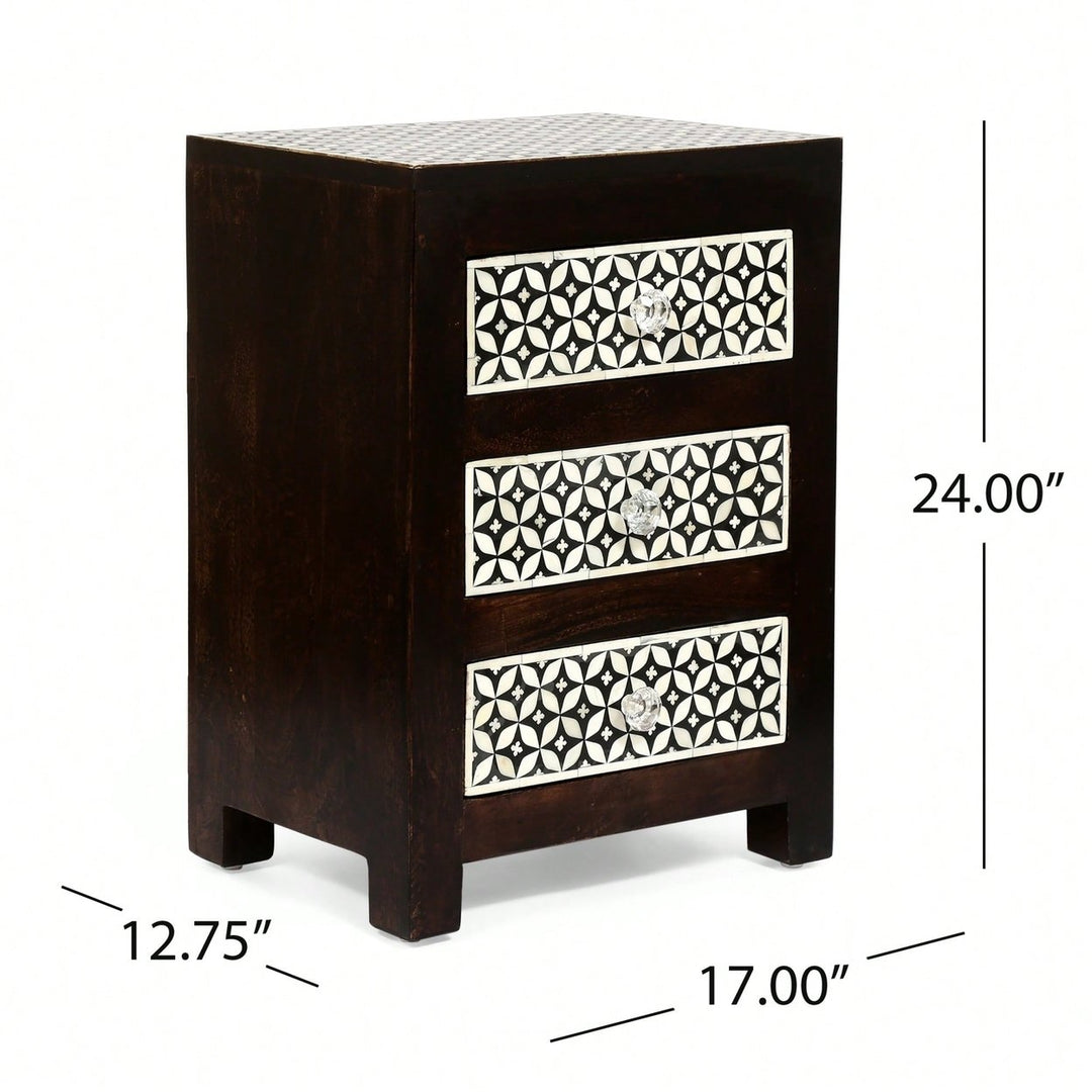 Elegant Wooden Nightstand With 3 Drawers And Bone Inlay Design Image 6