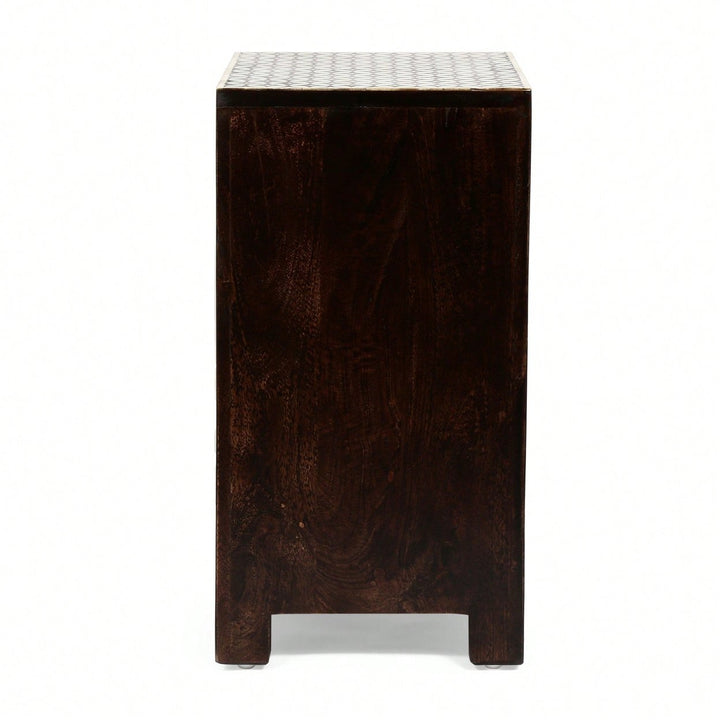 Elegant Wooden Nightstand With 3 Drawers And Bone Inlay Design Image 7