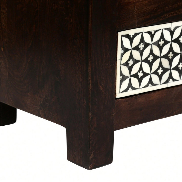 Elegant Wooden Nightstand With 3 Drawers And Bone Inlay Design Image 9