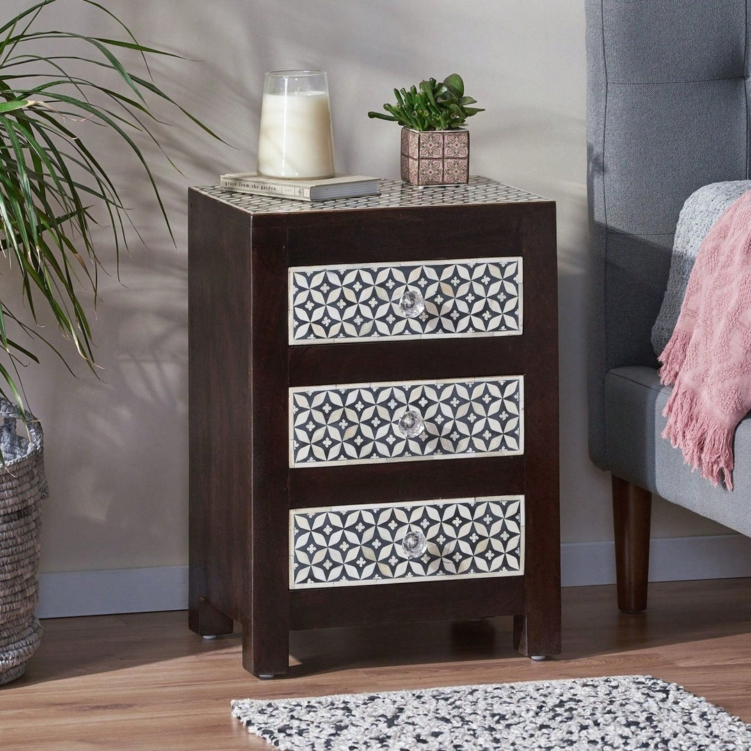 Elegant Wooden Nightstand With 3 Drawers And Bone Inlay Design Image 10