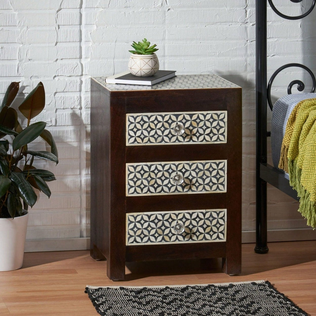 Elegant Wooden Nightstand With 3 Drawers And Bone Inlay Design Image 11